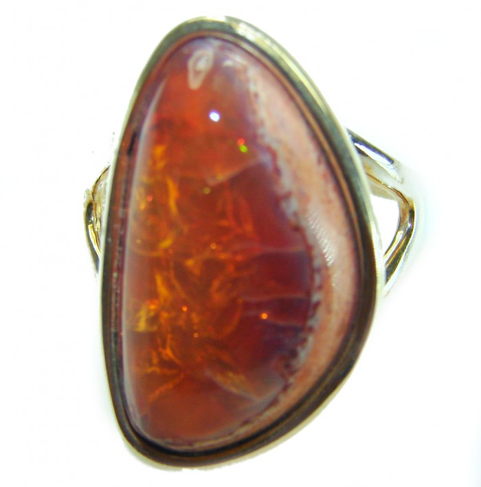 Queen of Fire best quality 20.4 carat Mexican Opal .925 Sterling Silver handmade ring 8 1/4 - Close-up of 20.4 carat Mexican Opal ring in sterling silver setting.