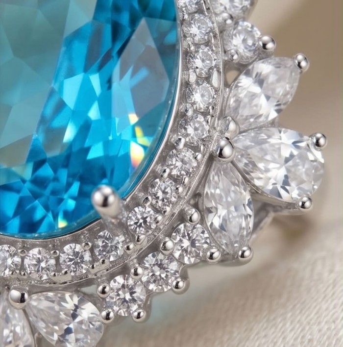 WONDERLAND 15.5 carat Paraiba Tourmaline .925 Sterling Silver Handcrafted Ring size 7 1/2 - Close-up of 15.5 carat Paraiba Tourmaline with diamond accents.