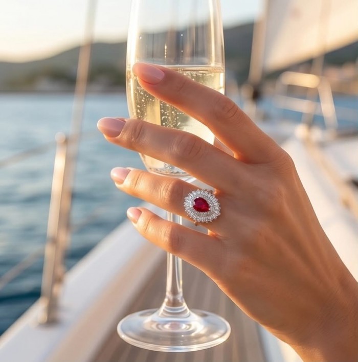 Magnificent Jewel 4.4 carat Ruby .925 Sterling Silver handcrafted incredible ring s. 7 - Ruby ring worn on hand holding champagne glass, yacht setting.