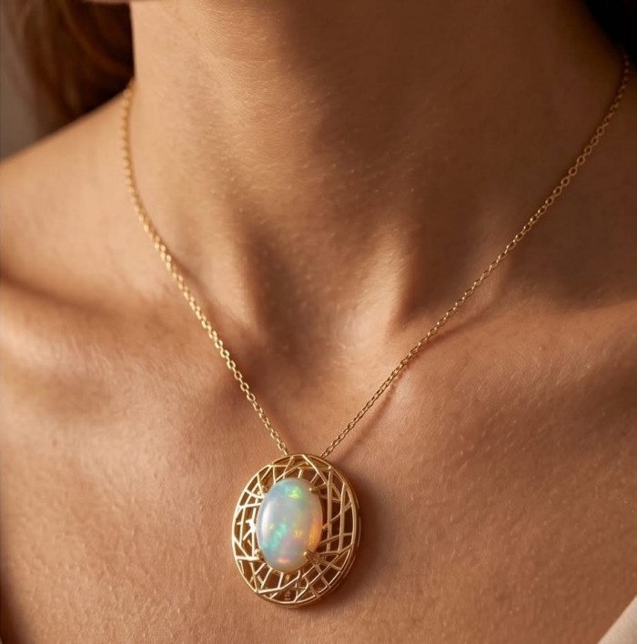 Earth Treasure Authentic 12.8 carat Golden Ethiopian Opal 22K Gold over .925 Sterling Silver handcrafted Statament Necklace - Opal pendant necklace, close-up view, worn on neck.