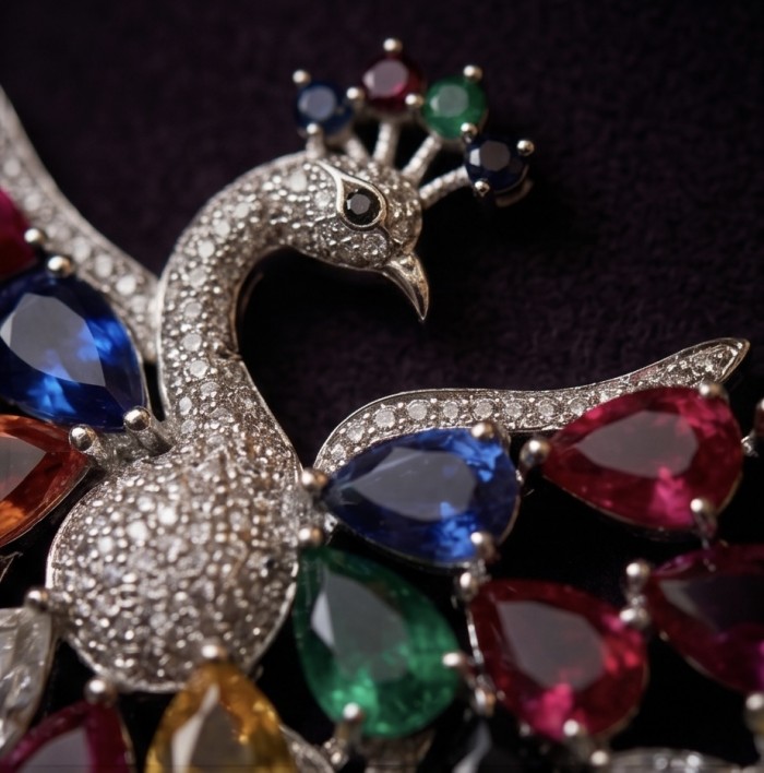 55.2 carat Graceful Swan Natural multicolot Topaz .925 Sterling Silver handcrafted Statement necklace - Close-up of Graceful Swan multicolor topaz and diamond detail.