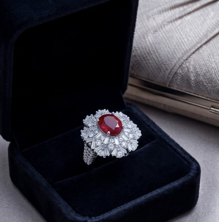 Rosalia 4.2 carat authentic Ruby .925 Sterling Silver handcrafted incredible ring s. 8 - Luxury ruby ring in display box, top view showing intricate details.