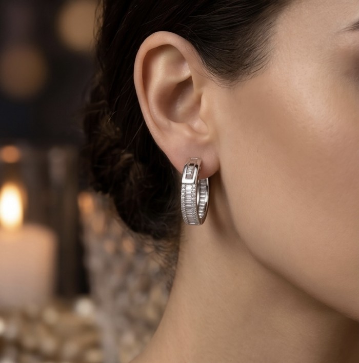 Allure Natural 8.2 carat White Topaz .925 Sterling Silver handcrafted hoop earrings - Side view of Allure White Topaz hoop earring worn on model.