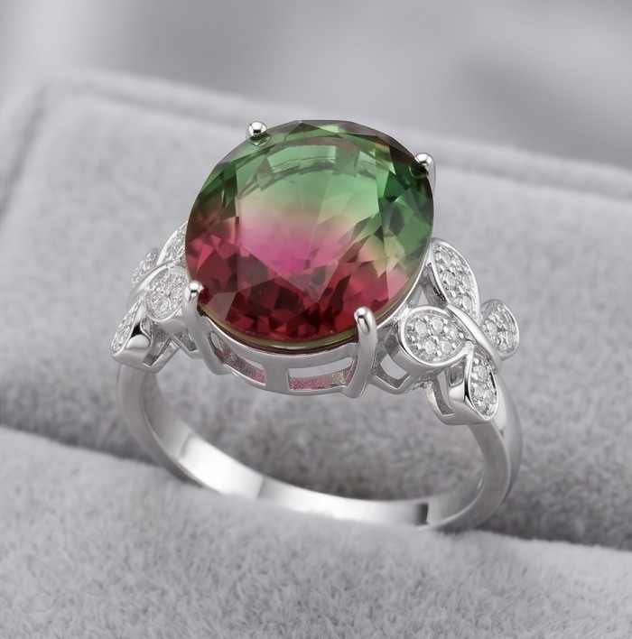 Rio 6.8 carat Brazilian Tourmaline .925 Sterling Silver dipped in 18K Gold Perfectly handcrafted Ring s. 8 1/4 - Close-up of Rio 6.8 ct Brazilian Tourmaline ring in sterling silver.