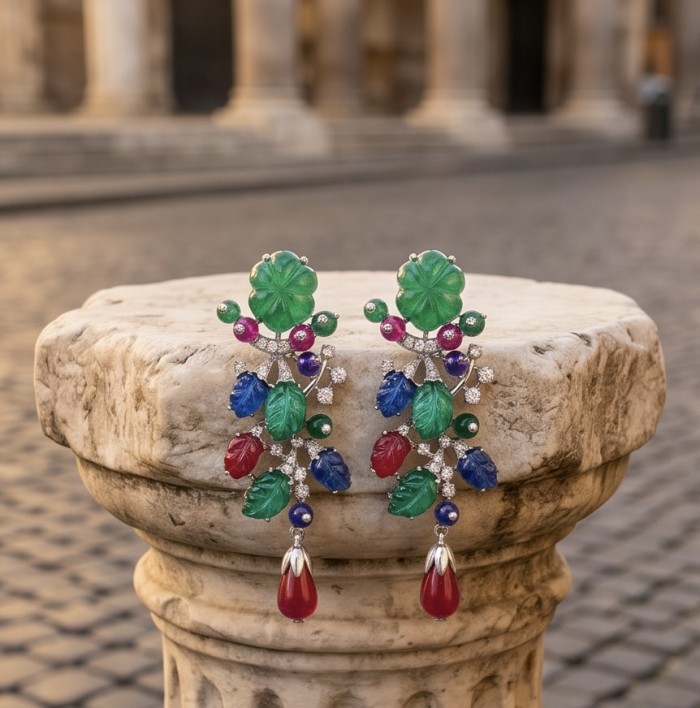 RARE BEAUTY! Valentina 28.2 carat CARVED Ruby Emerald Sapphire .925 Sterling Silver dipped in rhodium Statement handcrafted earrings - Colorful carved gemstone earrings on a stone pedestal.