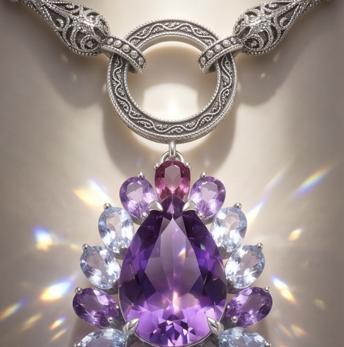 Dolce Vita - Precious Natural 76.5 carat Amethyst from Uruguay Rhodium over .925 Sterling Silver handcrafted Necklace - Close-up of Dolce Vita necklace with 76.5 carat amethyst centerpiece.