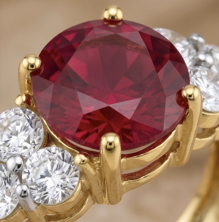 Born to Glam authentic 4.2 carat Ruby 22K Gold over .925 Silver handcrafted Ring s. 7 1/4 - Ruby stone close-up with diamond accents in gold setting.