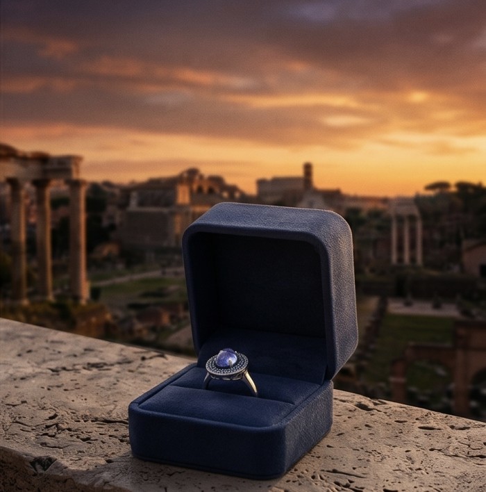 Luxurious 3.7 carat Tanzanite pave 0.8 carat Sapphire .925 Sterling Silver handcrafted Ring size 8 - Tanzanite ring in blue box, scenic background, sunset view