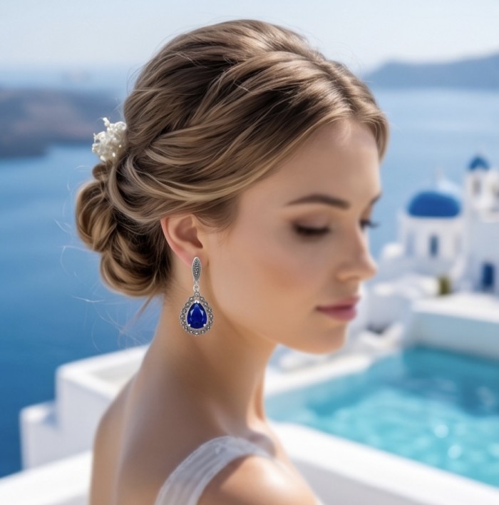 Julietta 15.5 carat London Blue Topaz Marcasite .925 Sterling Silver handmade Statement earrings - Side view of earring worn, featuring London Blue Topaz and Marcasite.