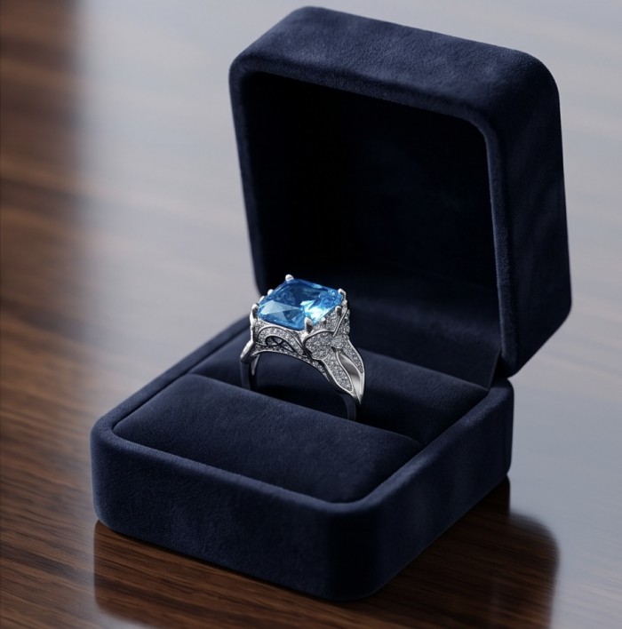 Blue OCEAN 14.3 carat Swiss Blue Topaz .925 Sterling Silver dipped in rhodium handcrafted ring size 8 1/4 - Blue topaz ring in box, side view showing details and stone on display.
