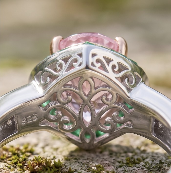 Emily - Art Deco - Precious genuine 9.8 carat Kunzite rhodium over .925 Sterling Silver handcrafted ring size 7 - Close-up of intricate filigree and hallmark on ring, stone partially visible.