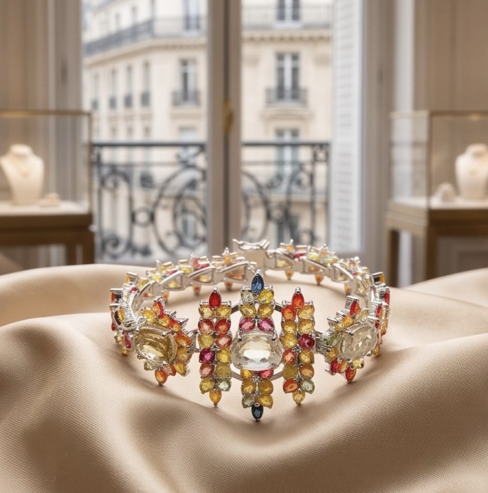 Victoria Authentic 55.5 carat multicolor Sapphire .925 Sterling Silver brilliantly dipped in Rhodium handcrafted Statement Bracelet - Multicolor Sapphire bracelet on display, front view with cityscape background.