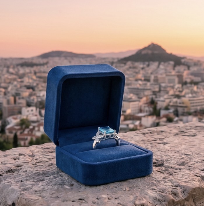 Stella 4.3 carat Swiss Blue Topaz .925 Sterling Silver dipped in rhodium handcrafted ring size 7 1/4 - Blue topaz ring in blue box with cityscape background at sunset.