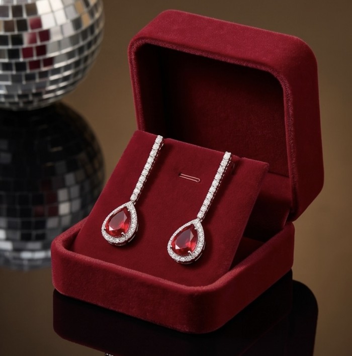 Giovanna - Magnificent Jewel 4.5 carat Ruby .925 Sterling Silver handcrafted incredible earrings - Red velvet box with ruby earrings, front view.