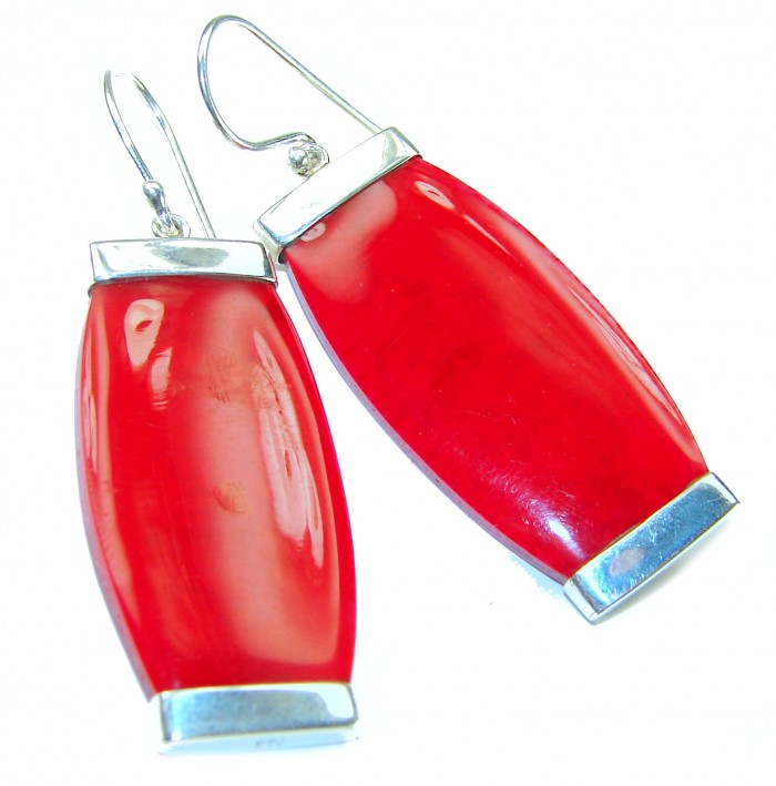 Large Genuine Red Fossilized Coral .925 Sterling Silver handmade earrings - photo 4