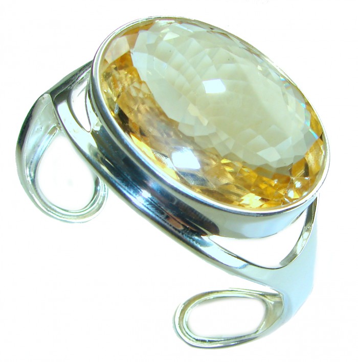 Simplicity 87.5 carat Genuine Lemon Quartz handcrafted .925 Sterling Silver Bracelet / Cuff - Close-up of 87.5 carat lemon quartz ring with open silver band.