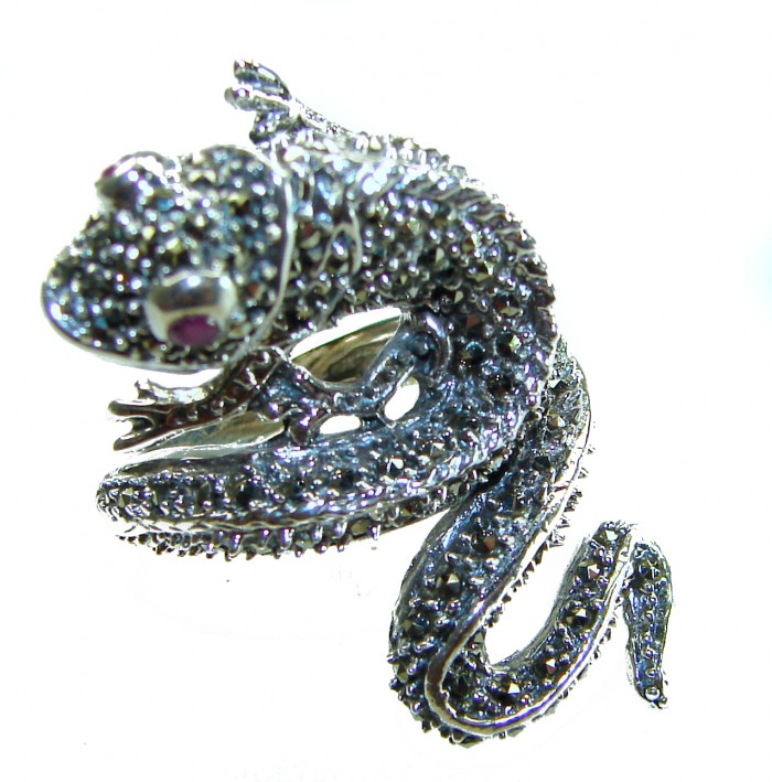Lizard Natural Marcasite Ruby .925 Statement Sterling Silver ring size 8 - Lizard jewelry with marcasite and ruby, close-up side view.