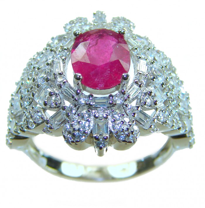 Real Beauty Natural 3.4 carat Ruby .925 Sterling Silver handmade Statement Ring size 6 1/4 - Close-up of a 3.4 carat ruby ring in .925 sterling silver.