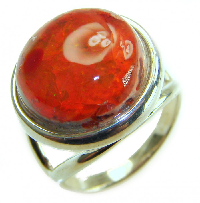 Queen of Fire best quality 11.4 carat Mexican Opal .925 Sterling Silver handmade ring 6 - Close-up of Queen of Fire Mexican Opal ring in sterling silver.