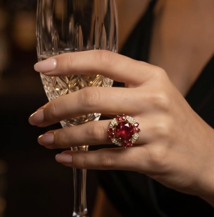 Crimson Fire Authentic 21.4 carat Garnet 18K Gold over .925 Sterling Silver brilliantly handcrafted Large Statement Ring size 7 - Worn on hand: Crimson Fire 21.4ct Garnet Ring in 18K Gold over .925 Silver