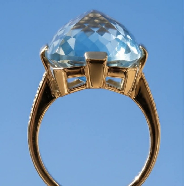 Atlantica 29.4 carat fancy Rose cut Swiss Blue Topaz 18K Gold over .925 Sterling Silver handcrafted Large ring size 8 - Side view of Atlantica 29.4ct Swiss Blue Topaz ring in 18K gold.