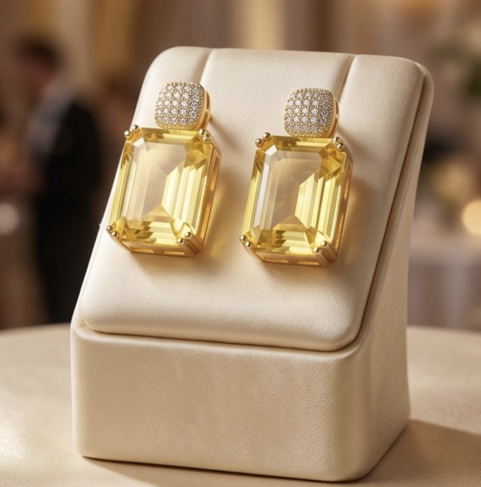 Stunning 27.8 carat Lemon Quartz 18K Gold over .925 Sterling Silver handcrafted Statement Earrings - Front view of Lemon Quartz earrings on display stand.