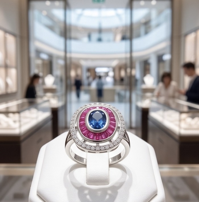 Art Deco 3.8 ctw Sapphire .925 Sterling Silver handcrafted Statement Ring size 7 1/2 - Sapphire ring close-up in jewelry store, Art Deco design with pink accents.
