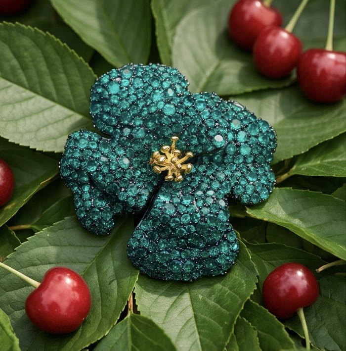 Retro Style - Precious Rose Genuine 22.5 carat Colombian Emerald black rhodium over .925 Sterling Silver handmade Pendant - Brooch - Emerald gemstone rose brooch on green leaves with cherries.