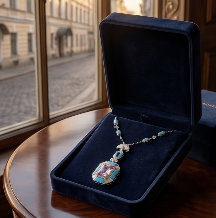 Emily - Art Deco - Precious genuine 8.4 carat Kunzite inlay Turquoise .925 Sterling Silver handcrafted necklace - Art Deco necklace with 8.4 carat Kunzite in open box on table.
