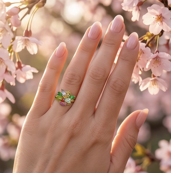 Flower 5.8 carat Multigem 18K Gold over .925 Sterling Silver Handcrafted Ring size 7 - Ring worn on hand with multigem design, cherry blossoms in background.