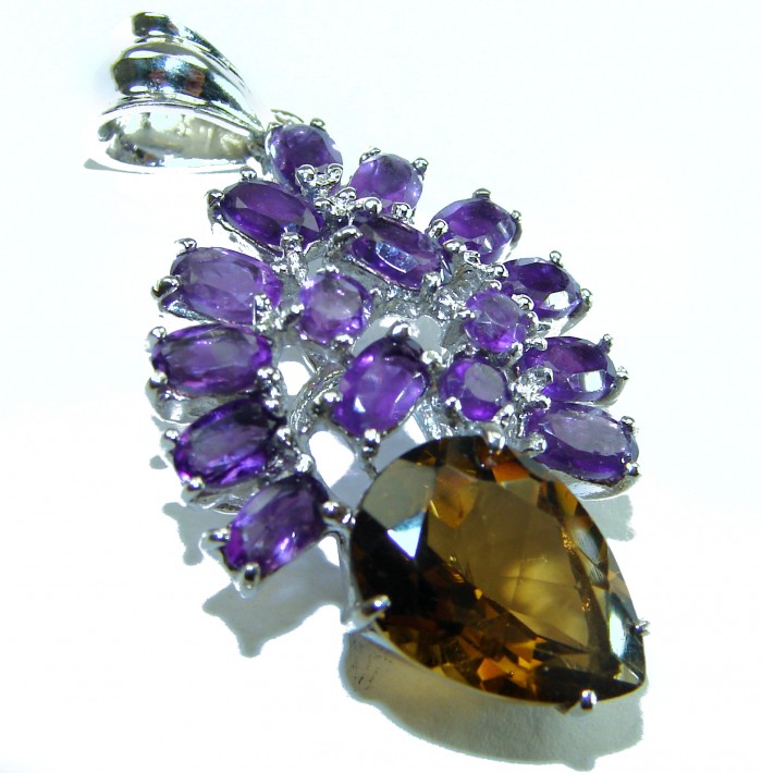 Vintage Design 12.4 CARAT Amethyst .925 Sterling Silver handcrafted Pendant - Close-up of vintage amethyst and citrine sterling silver pendant.