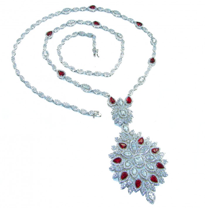 Luxurious - "Affair of the Diamond" - marquise cut 157.9 carat White Topaz .925 Sterling Silver handcrafted Necklace; 28 inches long - Luxurious diamond necklace with red stones, detailed full view.