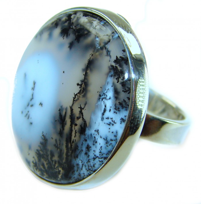 LARGE Top Quality Dendritic Agate .925 Sterling Silver handcrafted Ring s. 7 adjustable - Close-up of dendritic agate stone in a sterling silver ring setting.