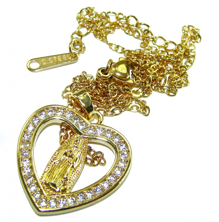 Holy Mary - Vintage design - 10K Gold over 925 Sterling Silver handcrafted Necklace - Heart pendant necklace with Holy Mary, close-up detail, gold over silver.