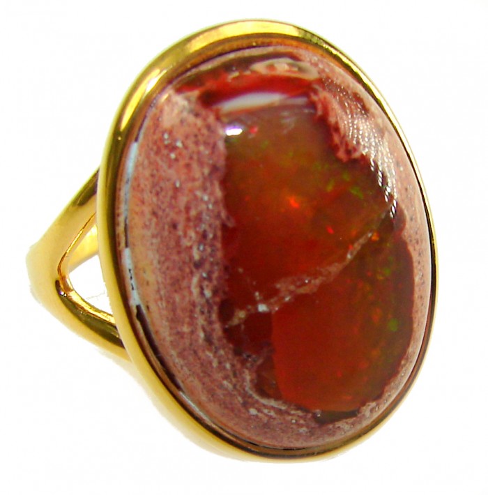 Orange Galaxy best quality 19.4 carat Mexican Opal 18K Gold over .925 Sterling Silver handmade ring 8 1/4 - Mexican Opal 19.4 carat ring in 18K gold, stone close-up.