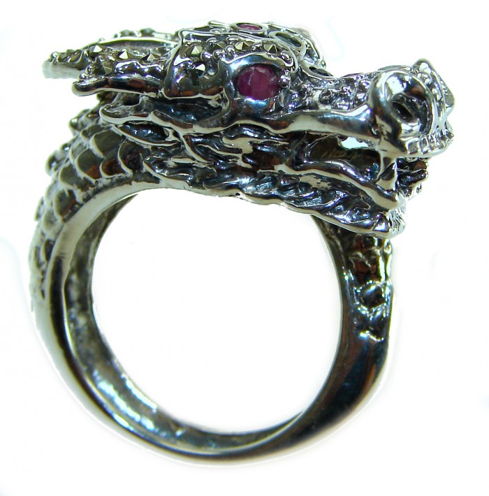 Reclaim your Power Authentic Marcasite .925 Sterling Silver Handcrafted Large Ring size 7 - Dragon ring side view, marcasite and sterling silver, ruby eye detail.