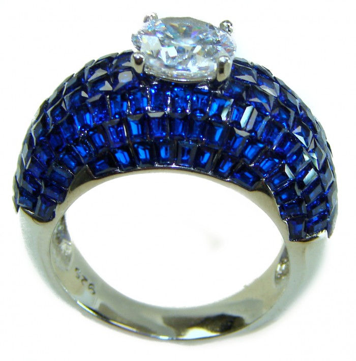 Precious Design oval cut 15.9 CARAT Sapphire White Topaz .925 Sterling Silver Statement Ring s. 8 1/4 - Side view of sapphire and white topaz ring displaying blue stones