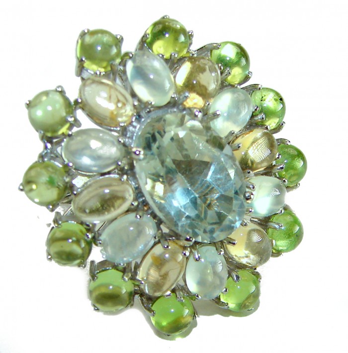 Green Royalty authentic 55.5 carat Green Amethyst .925 Sterling Silver handcrafted Ring s. 7 - Close-up of gemstone cluster ring with green amethyst center stone.