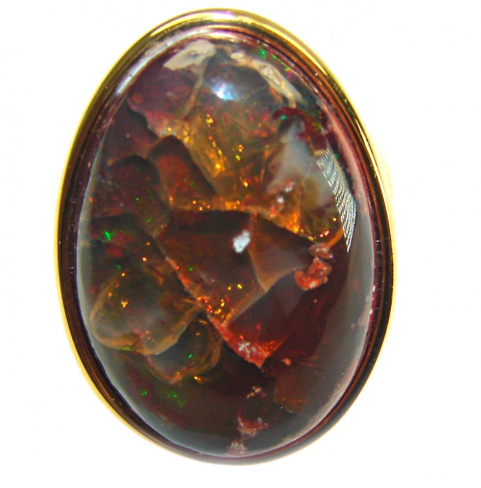 Queen of Fire best quality 22.4 carat Mexican Opal 18K Rose Gold over .925 Sterling Silver handmade ring 7 - Close-up of 22.4 carat Mexican opal in 18K rose gold setting.