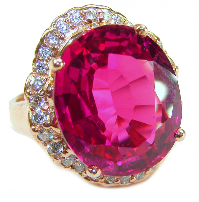 Bella Rosa Natural 18.8 carat Pink Tourmaline .925 Sterling Silver dipped in 22K Rose Gold handmade Statement Ring size 5 - Close-up of Bella Rosa 18.8 carat pink tourmaline ring with diamonds