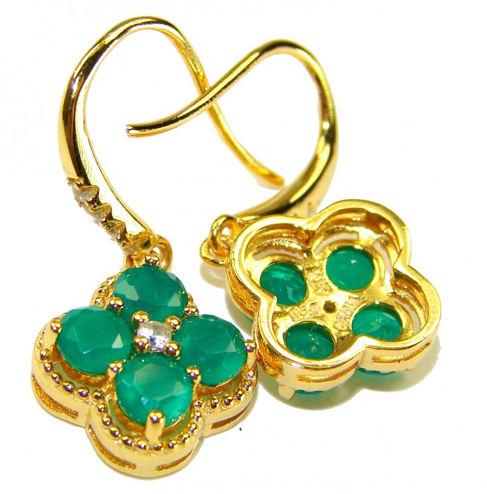 Giovanna - Authentic 8.9 carat Emerlad .925 Sterling Silver dipped in 18K Gold handcrafted earrings - Emerald earrings close-up, gold-plated with 8.9 carat stones.