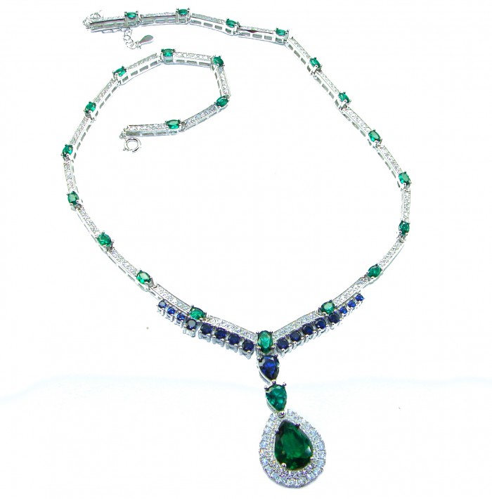 Tiffany - Authentic 15.5 CARAT Chrome Diopside Sapphire .925 Sterling Silver handcrafted necklace - Tiffany necklace with emerald and sapphire stones, full view.