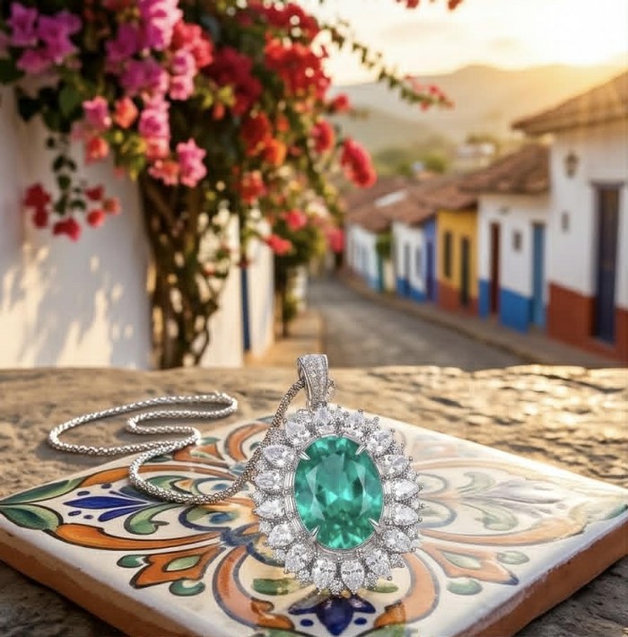 Heirloom authentic 21.2 carat Colombian Emerald .925 Sterling Silver handcrafted Statement necklace - Close-up of 21.2 carat Colombian emerald pendant on a decorative tile.