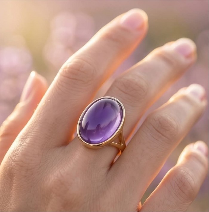 Top quality 26.2 carat Amethyst .925 Sterling Silver dipped in 18K Gold Handcrafted Large Ring size 6 1/4 - Amethyst ring worn on hand, close-up view.