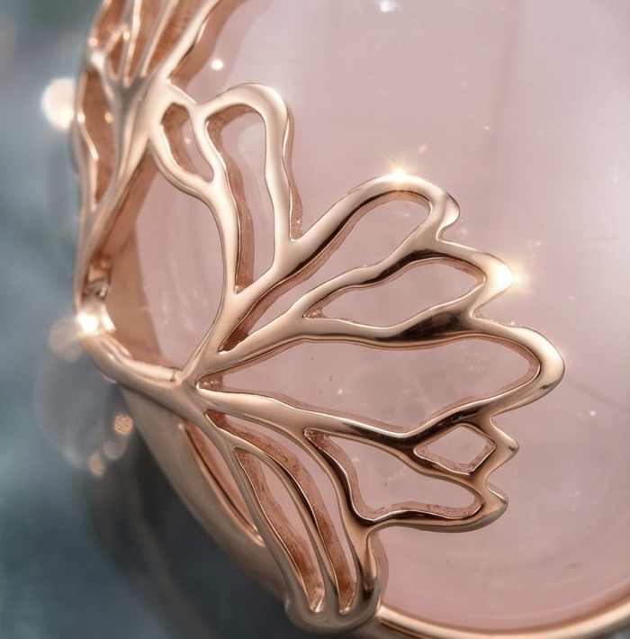 Brazilian Beauty 30.9 carat ROSE QUARTZ 18K Gold over .925 Sterling Silver handcrafted pendant - Rose Quartz close-up with intricate 18K gold detailing.