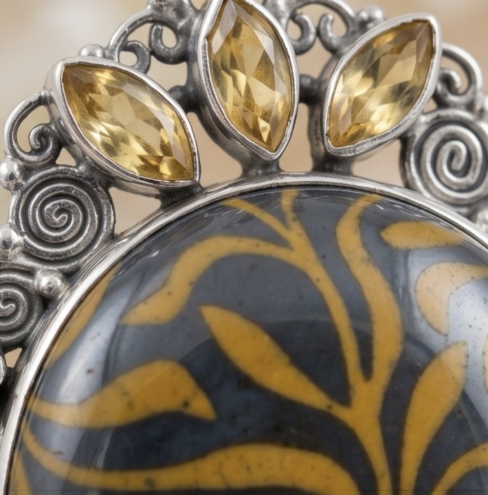Exotic Beauty Silver Hematite Citrine .925 Sterling Silver handmade Pendant - Stone close-up of Exotic Beauty silver hematite citrine pendant