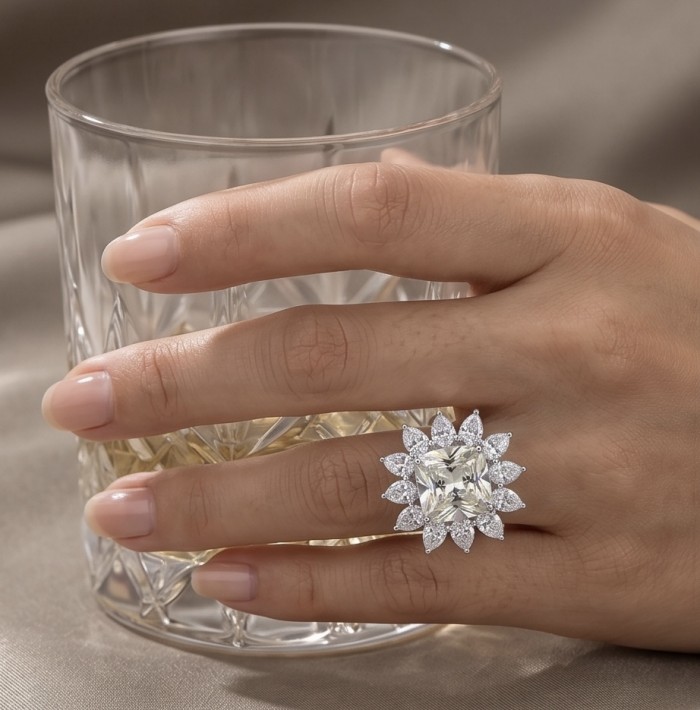 Fiorella Precious 25.5 carat assher cut Natural yellow Sapphire .925 Sterling Silver Statement Large ring size 8 - Fiorella ring on hand holding a glass, 25.5 carat asscher cut centerpiece.