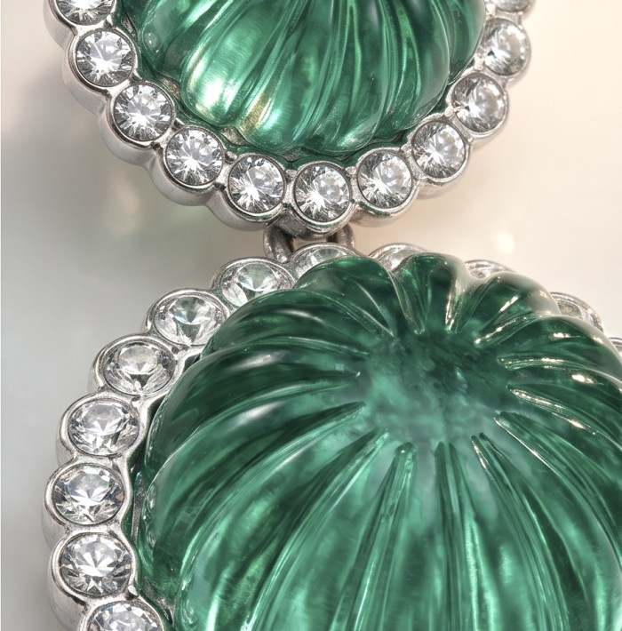 Art Deco - Rio de Janeiro - 41.2 carat carved Apatite .925 Sterling Silver handmade Earrings - Close-up of Art Deco carved Apatite stones with diamond accents