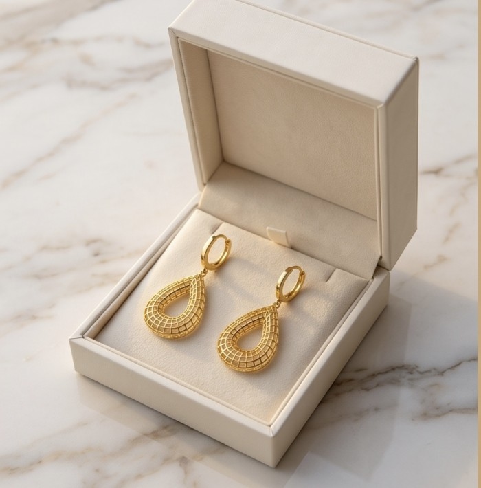 Dubai Style - Golden fancy Drops .925 Sterling Silver dipped in 22K Gold handmade Earrings - Golden drop earrings in box, top view, .925 Sterling Silver dipped