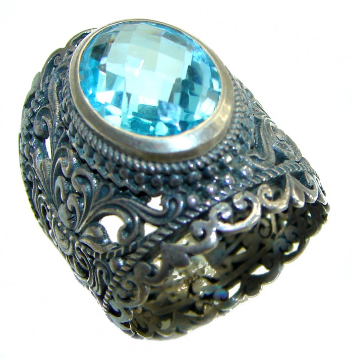 Vintage Style Blue Beauty 11.5 carat Blue Swiss Topaz .925 Sterling Silver handcrafted Ring size 7 3/4 - photo 2